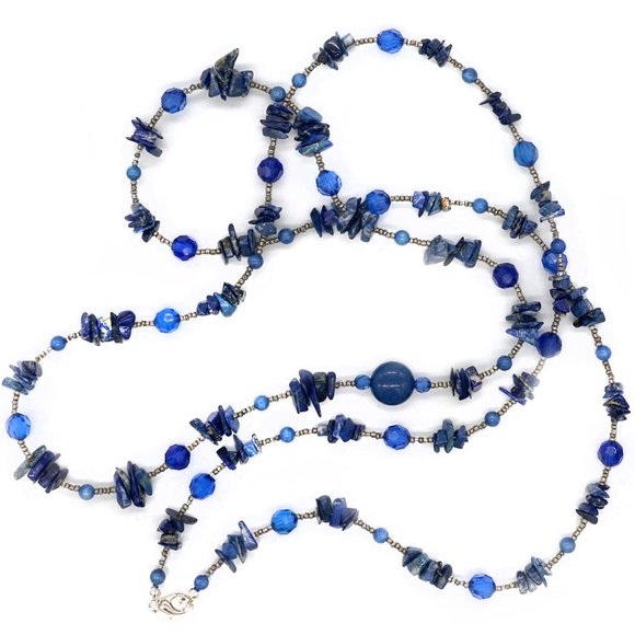 My Bead Emporium Jewelry - Handmade necklace with Lapis chips, blue crystals and silver seed beads. Unique.
